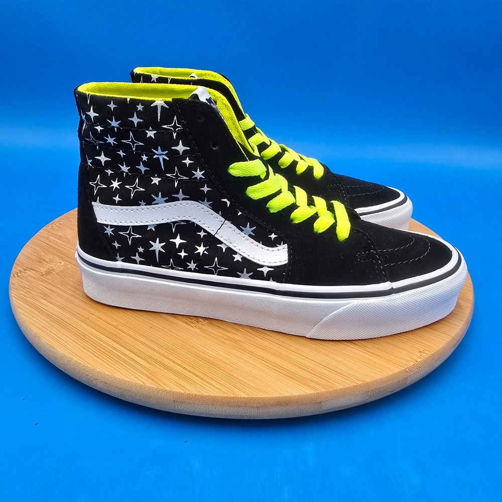 Vans SK8-Hi Black Star Print High‎ Top Neon Green Lace Sneaker Shoes 6.5 Women